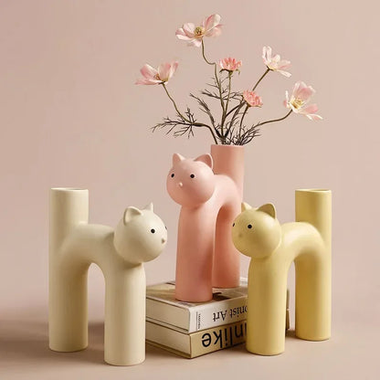 Cute Cat Vase Cathead H-shaped Tube Vase Flower Arrangement Hydroponics Accessories Home Furnishing Decoration Vases Pots