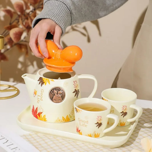 Cute Ceramic Teapot Coffee Cup Combination Household Creative Bow Shape Brewing Tea Cup Heat Resistant Teapot Set Christmas Gift