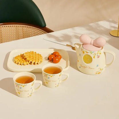 Cute Ceramic Teapot Coffee Cup Combination Household Creative Bow Shape Brewing Tea Cup Heat Resistant Teapot Set Christmas Gift