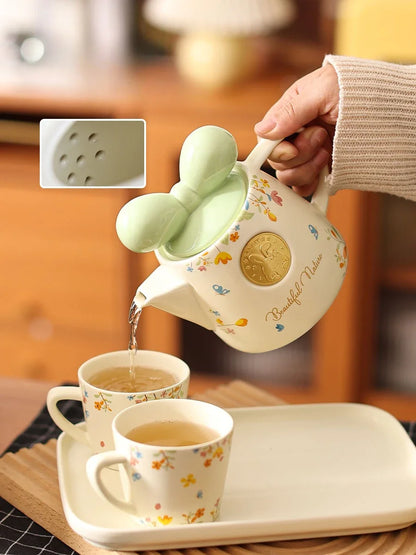 Cute Ceramic Teapot Coffee Cup Combination Household Creative Bow Shape Brewing Tea Cup Heat Resistant Teapot Set Christmas Gift