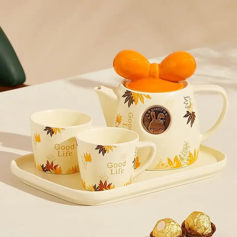 Cute Ceramic Teapot Coffee Cup Combination Household Creative Bow Shape Brewing Tea Cup Heat Resistant Teapot Set Christmas Gift