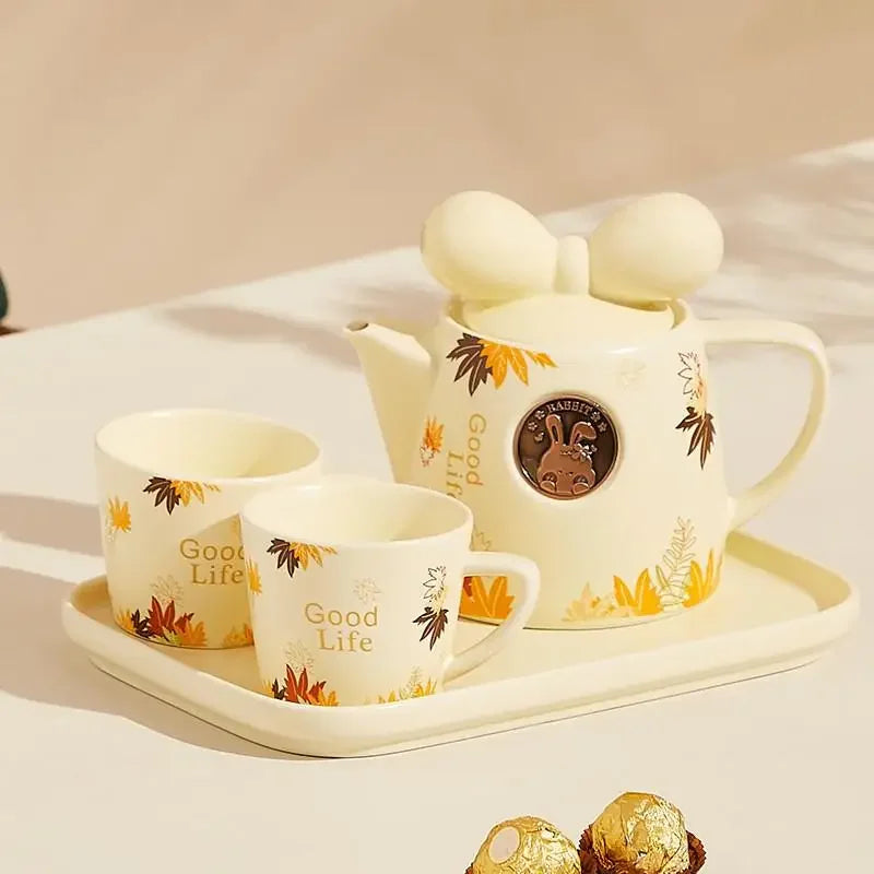 Cute Ceramic Teapot Coffee Cup Combination Household Creative Bow Shape Brewing Tea Cup Heat Resistant Teapot Set Christmas Gift