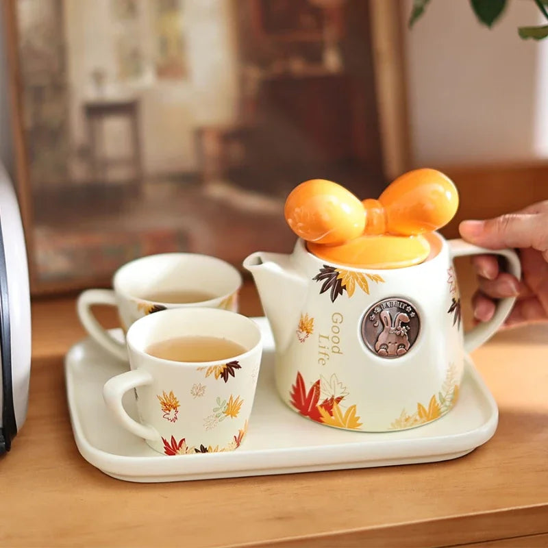 Cute Ceramic Teapot Coffee Cup Combination Household Creative Bow Shape Brewing Tea Cup Heat Resistant Teapot Set Christmas Gift
