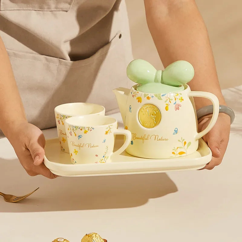 Cute Ceramic Teapot Coffee Cup Combination Household Creative Bow Shape Brewing Tea Cup Heat Resistant Teapot Set Christmas Gift