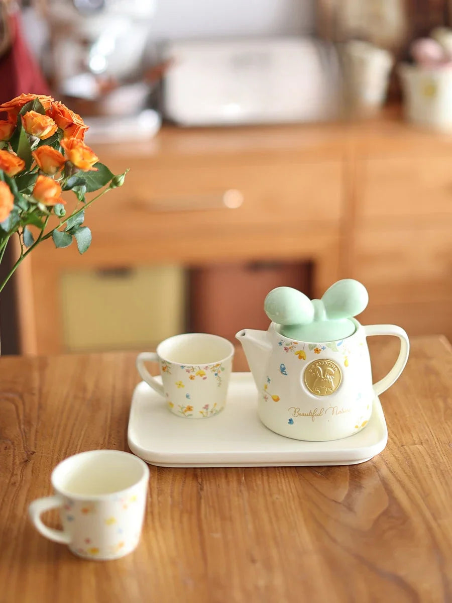 Cute Ceramic Teapot Coffee Cup Combination Household Creative Bow Shape Brewing Tea Cup Heat Resistant Teapot Set Christmas Gift