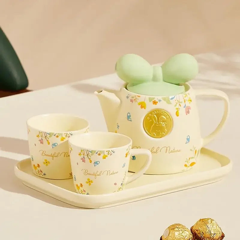 Cute Ceramic Teapot Coffee Cup Combination Household Creative Bow Shape Brewing Tea Cup Heat Resistant Teapot Set Christmas Gift