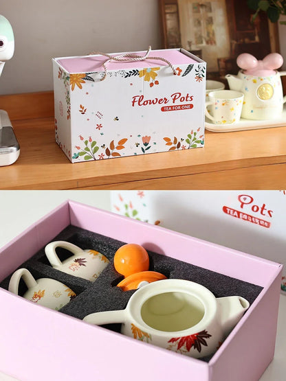 Cute Ceramic Teapot Coffee Cup Combination Household Creative Bow Shape Brewing Tea Cup Heat Resistant Teapot Set Christmas Gift