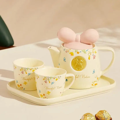 Cute Ceramic Teapot Coffee Cup Combination Household Creative Bow Shape Brewing Tea Cup Heat Resistant Teapot Set Christmas Gift