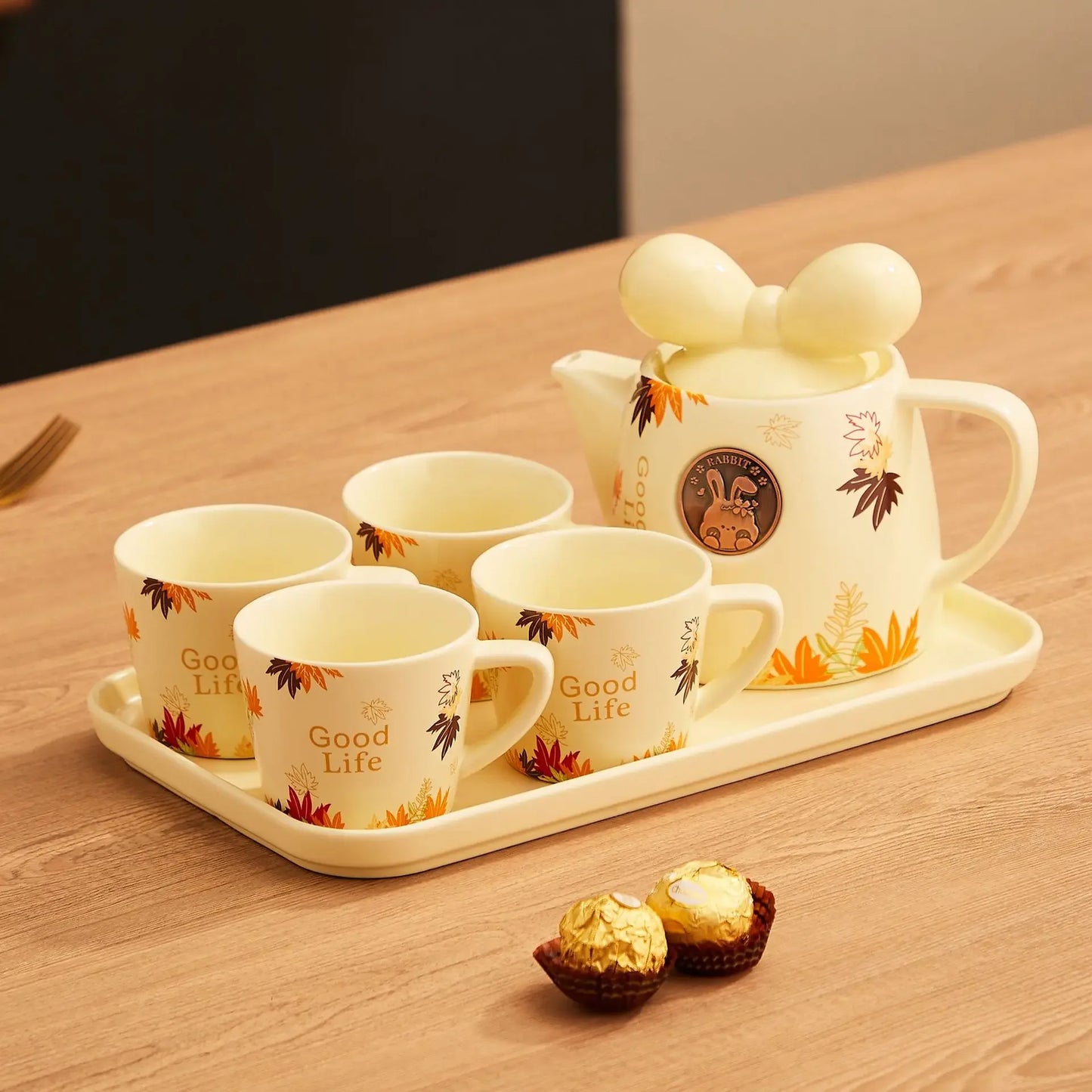 Cute Ceramic Teapot Coffee Cup Combination Household Creative Bow Shape Brewing Tea Cup Heat Resistant Teapot Set Christmas Gift