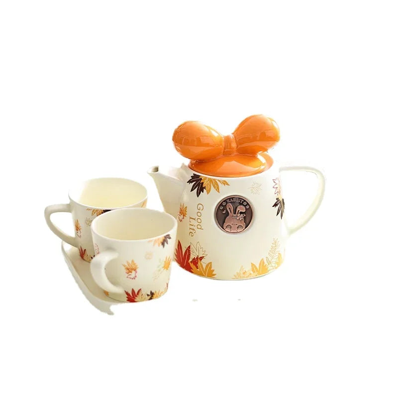 Cute Ceramic Teapot Coffee Cup Combination Household Creative Bow Shape Brewing Tea Cup Heat Resistant Teapot Set Christmas Gift