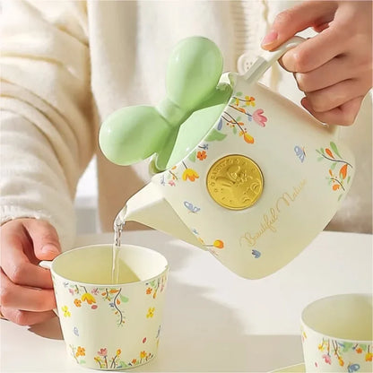 Cute Ceramic Teapot Coffee Cup Combination Household Creative Bow Shape Brewing Tea Cup Heat Resistant Teapot Set Christmas Gift