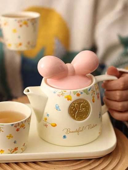 Cute Ceramic Teapot Coffee Cup Combination Household Creative Bow Shape Brewing Tea Cup Heat Resistant Teapot Set Christmas Gift