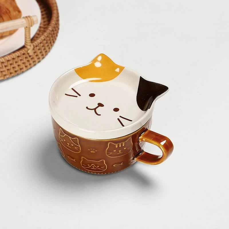 Cute Creative Mug Cartoon Animal Ceramic Cups with Lid Tea Coffee Cup Breakfast Cat Ear Student Milk Cups Drinkware