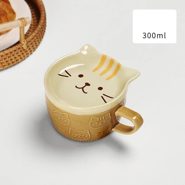 Cute Creative Mug Cartoon Animal Ceramic Cups with Lid Tea Coffee Cup Breakfast Cat Ear Student Milk Cups Drinkware