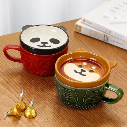 Cute Creative Mug Cartoon Animal Ceramic Cups with Lid Tea Coffee Cup Breakfast Cat Ear Student Milk Cups Drinkware