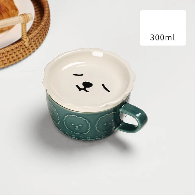 Cute Creative Mug Cartoon Animal Ceramic Cups with Lid Tea Coffee Cup Breakfast Cat Ear Student Milk Cups Drinkware