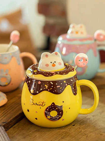 Cute Donut Ceramic Mug With Lid Spoon Pink Girl Office Student Coffee Mugs For Couple Large Capacity Milk Tea Drinking Water Cup