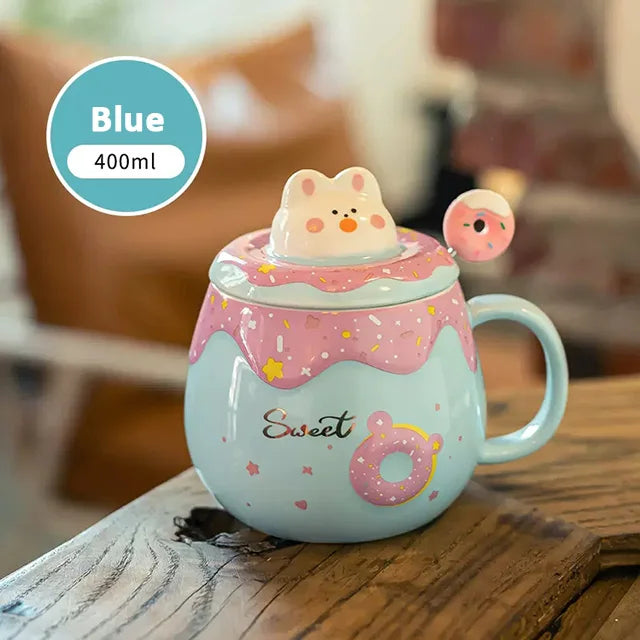 Cute Donut Ceramic Mug With Lid Spoon Pink Girl Office Student Coffee Mugs For Couple Large Capacity Milk Tea Drinking Water Cup