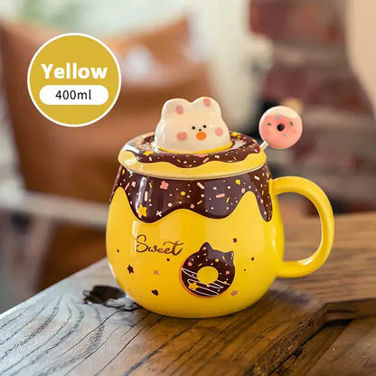 Cute Donut Ceramic Mug With Lid Spoon Pink Girl Office Student Coffee Mugs For Couple Large Capacity Milk Tea Drinking Water Cup