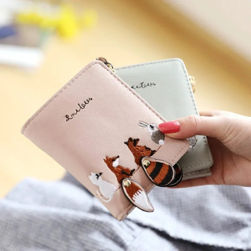 Cute Fox Rabbit Embroidered Purse for women 2 Folding Wallet Girls Small Hasp Coin Pocket Purse Female Designer Short Wallets