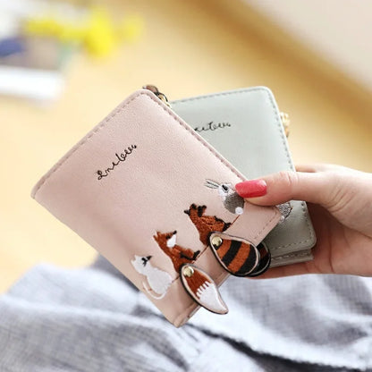 Cute Fox Rabbit Embroidered Purse for women 2 Folding Wallet Girls Small Hasp Coin Pocket Purse Female Designer Short Wallets
