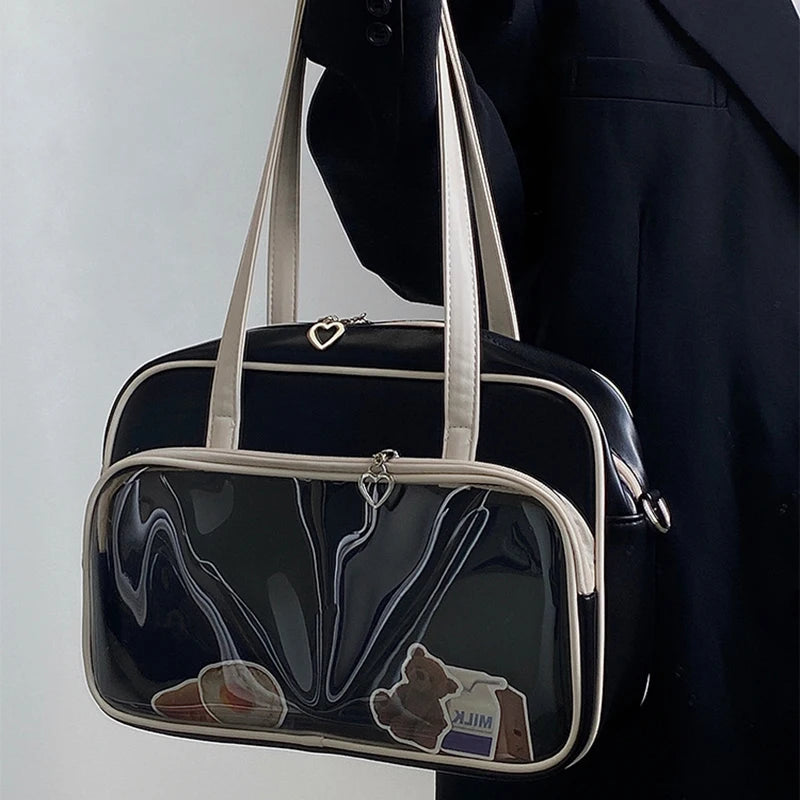 Cute Japan Style Lolita Girl JK Shoulder Bags Students Transparent Window HandBags Tote Heart Zipper Itabag