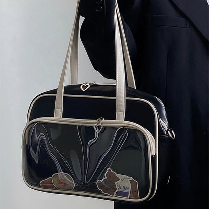 Cute Japan Style Lolita Girl JK Shoulder Bags Students Transparent Window HandBags Tote Heart Zipper Itabag