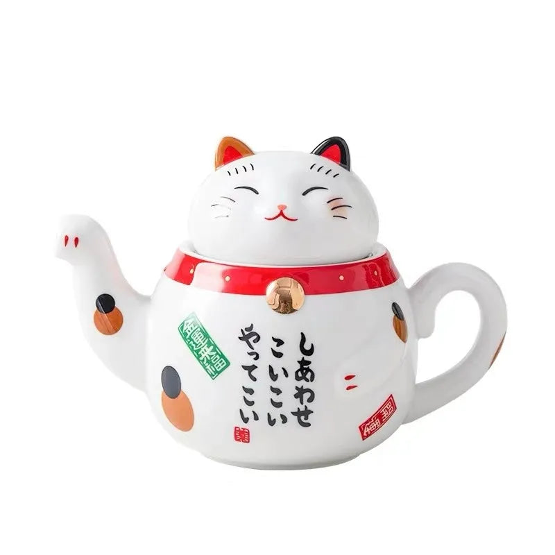 Cute Japanese Lucky Cat Porcelain Tea Set Creative Ceramic Tea Cup Kettle with Strainer Office Teapot Water Mug