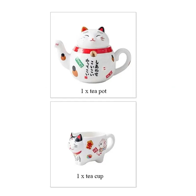 Cute Japanese Lucky Cat Porcelain Tea Set Creative Ceramic Tea Cup Kettle with Strainer Office Teapot Water Mug