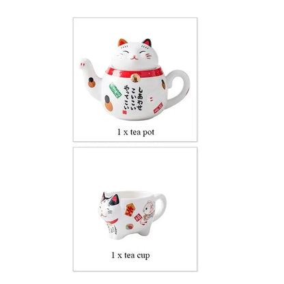 Cute Japanese Lucky Cat Porcelain Tea Set Creative Ceramic Tea Cup Kettle with Strainer Office Teapot Water Mug