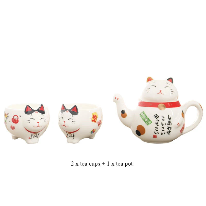 Cute Japanese Lucky Cat Porcelain Tea Set Creative Ceramic Tea Cup Kettle with Strainer Office Teapot Water Mug