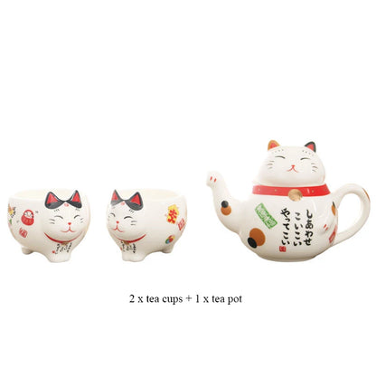 Cute Japanese Lucky Cat Porcelain Tea Set Creative Ceramic Tea Cup Kettle with Strainer Office Teapot Water Mug