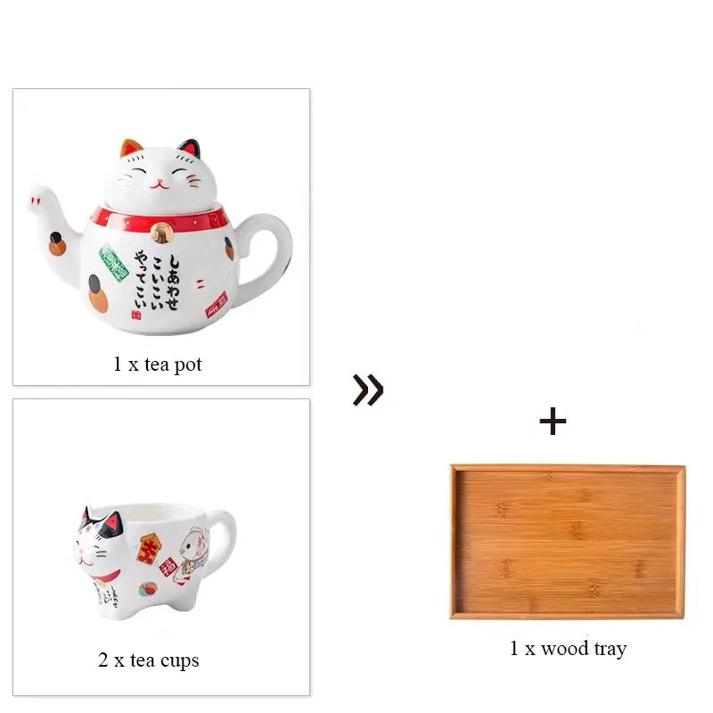 Cute Japanese Lucky Cat Porcelain Tea Set Creative Ceramic Tea Cup Kettle with Strainer Office Teapot Water Mug