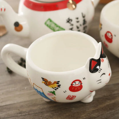 Cute Japanese Lucky Cat Porcelain Tea Set Creative Ceramic Tea Cup Kettle with Strainer Office Teapot Water Mug