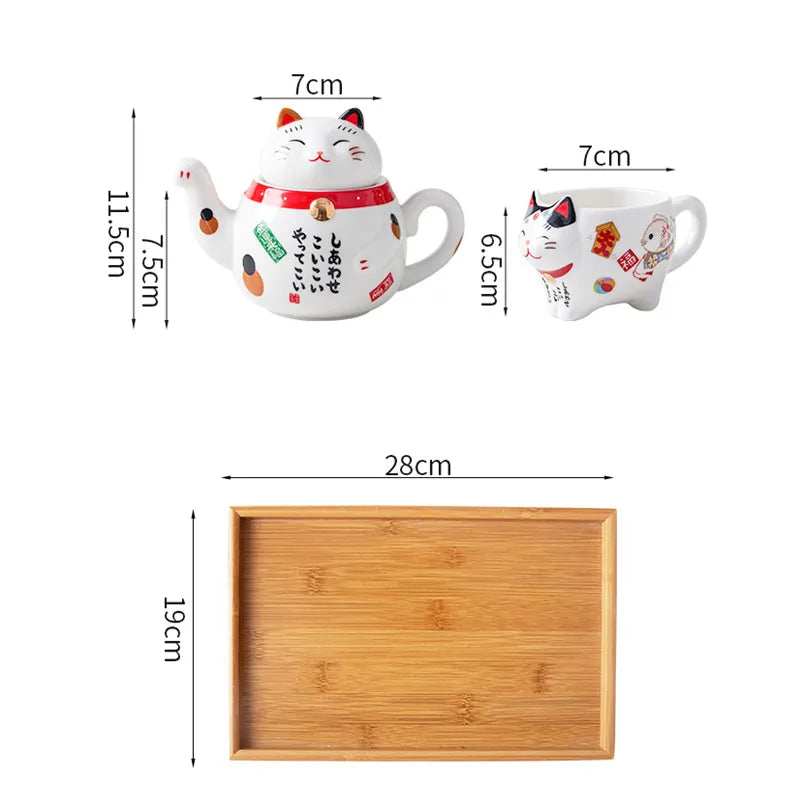 Cute Japanese Lucky Cat Porcelain Tea Set Creative Ceramic Tea Cup Kettle with Strainer Office Teapot Water Mug