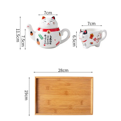 Cute Japanese Lucky Cat Porcelain Tea Set Creative Ceramic Tea Cup Kettle with Strainer Office Teapot Water Mug