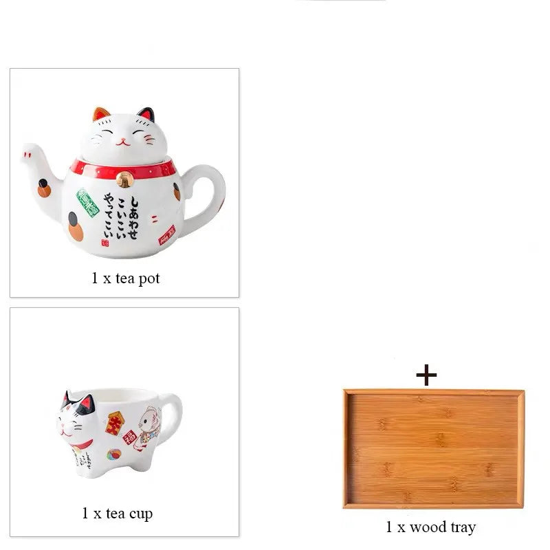 Cute Japanese Lucky Cat Porcelain Tea Set Creative Ceramic Tea Cup Kettle with Strainer Office Teapot Water Mug