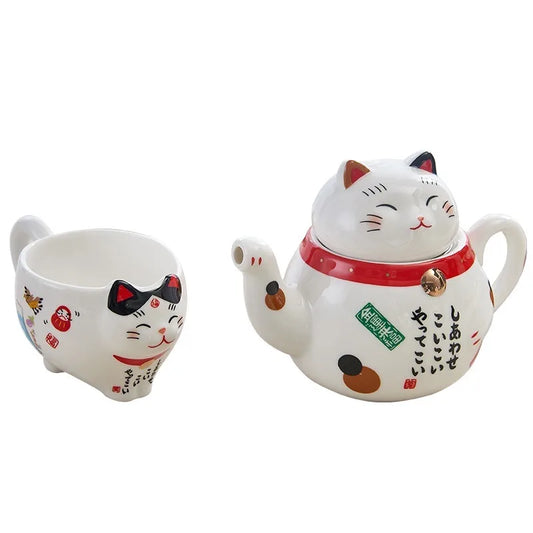 Cute Japanese Lucky Cat Porcelain Tea Set Creative Maneki Neko Ceramic Tea Cup Kettle with Strainer Office Teapot Water Mug