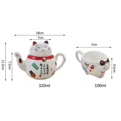 Cute Japanese Lucky Cat Porcelain Tea Set Creative Maneki Neko Ceramic Tea Cup Kettle with Strainer Office Teapot Water Mug