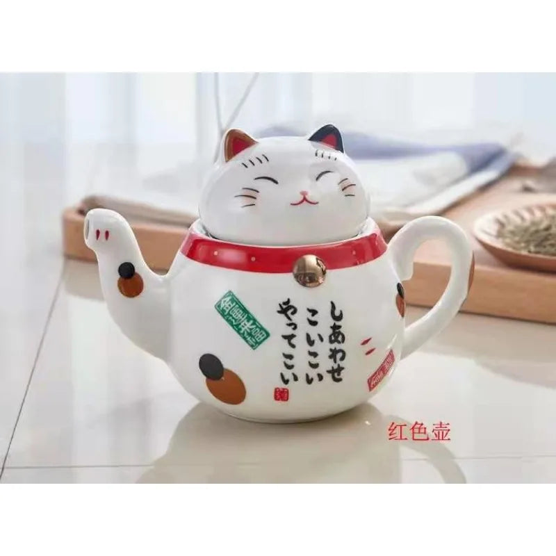 Cute Japanese Lucky Cat Porcelain Tea Set Creative Maneki Neko Ceramic Tea Cup Kettle with Strainer Office Teapot Water Mug