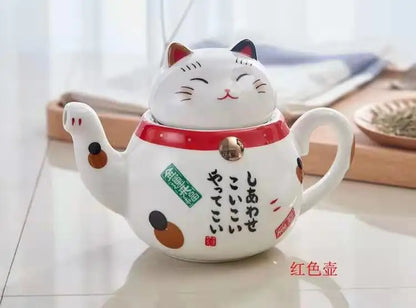 Cute Japanese Lucky Cat Porcelain Tea Set Creative Maneki Neko Ceramic Tea Cup Kettle with Strainer Office Teapot Water Mug