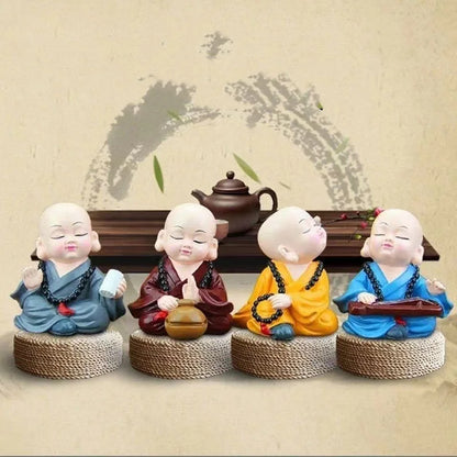 Cute Justice Buddha Monk  Statue, Chinese Traditional Miniature Buddha Figure, 4pcs, Shaolin Monk Ornament for Home Car Decor