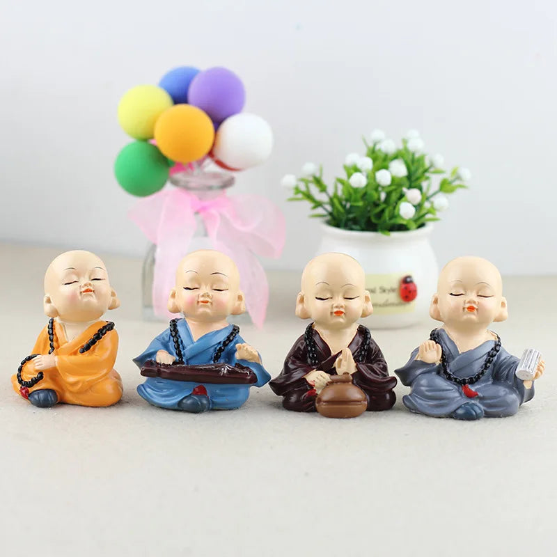 Cute Justice Buddha Monk  Statue, Chinese Traditional Miniature Buddha Figure, 4pcs, Shaolin Monk Ornament for Home Car Decor