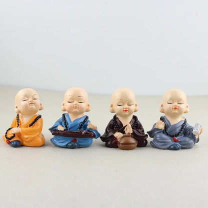 Cute Justice Buddha Monk  Statue, Chinese Traditional Miniature Buddha Figure, 4pcs, Shaolin Monk Ornament for Home Car Decor