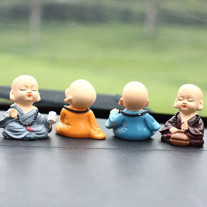 Cute Justice Buddha Monk  Statue, Chinese Traditional Miniature Buddha Figure, 4pcs, Shaolin Monk Ornament for Home Car Decor