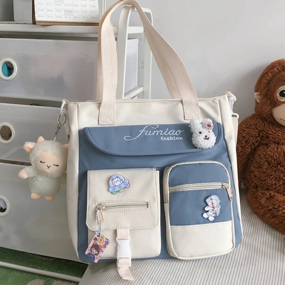 Cute Large Capacity Tote Bags Trendy Nylon Patchwork Shoulder School Book Bag for Teenage Girls Fashion Student Crossbody Sac