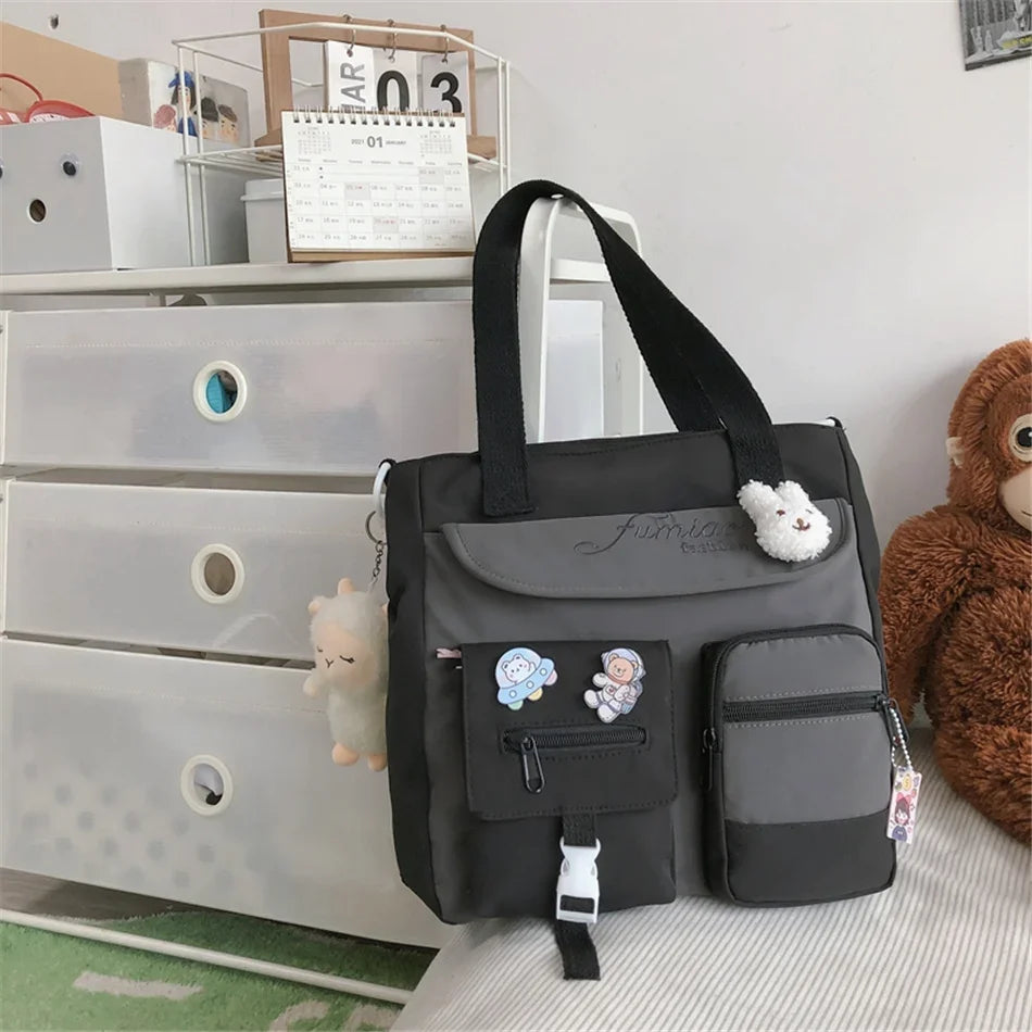 Cute Large Capacity Tote Bags Trendy Nylon Patchwork Shoulder School Book Bag for Teenage Girls Fashion Student Crossbody Sac