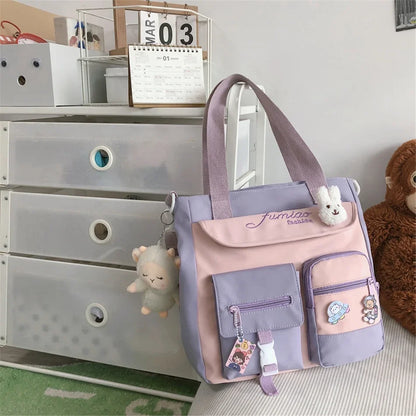 Cute Large Capacity Tote Bags Trendy Nylon Patchwork Shoulder School Book Bag for Teenage Girls Fashion Student Crossbody Sac