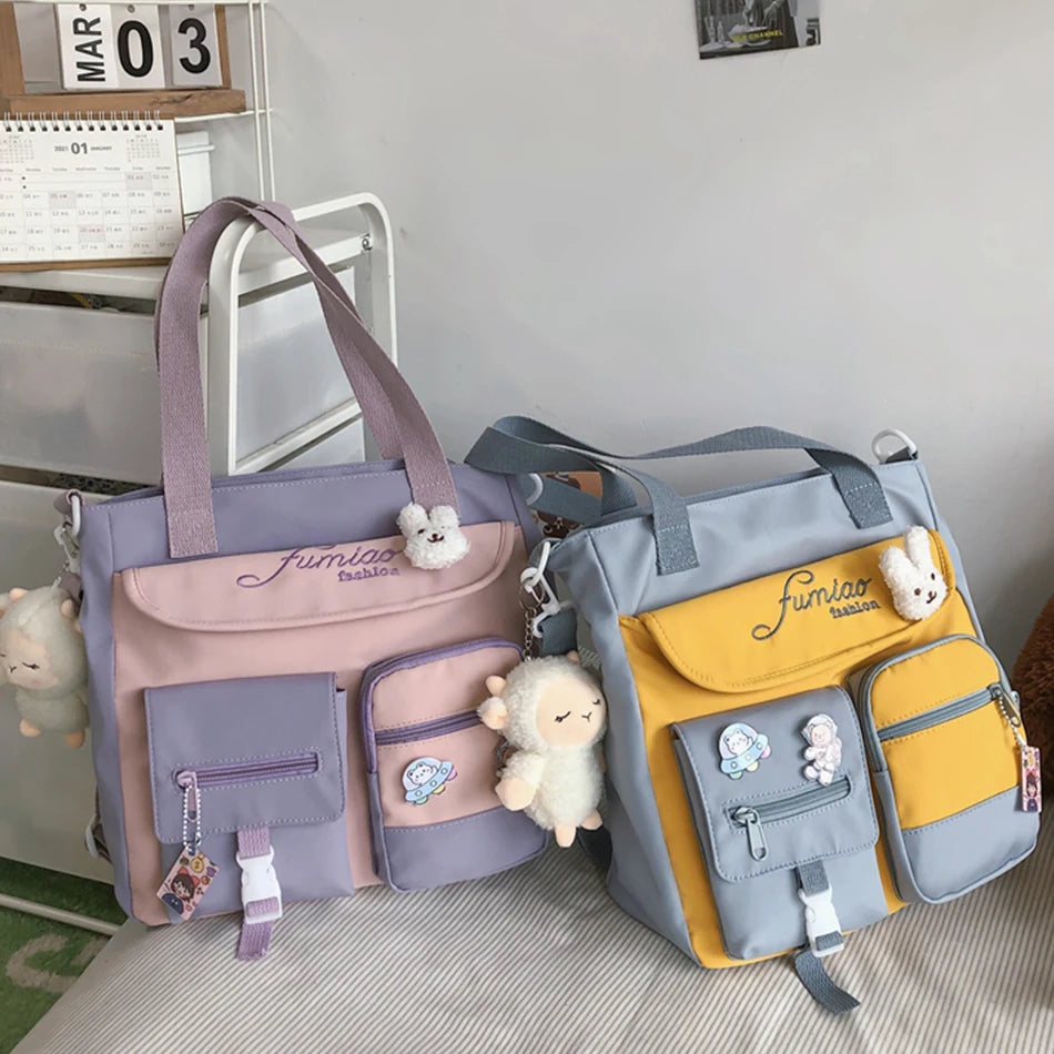 Cute Large Capacity Tote Bags Trendy Nylon Patchwork Shoulder School Book Bag for Teenage Girls Fashion Student Crossbody Sac