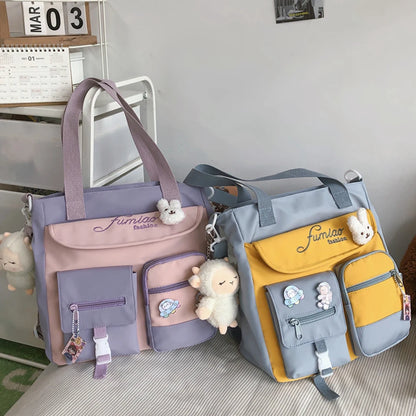 Cute Large Capacity Tote Bags Trendy Nylon Patchwork Shoulder School Book Bag for Teenage Girls Fashion Student Crossbody Sac